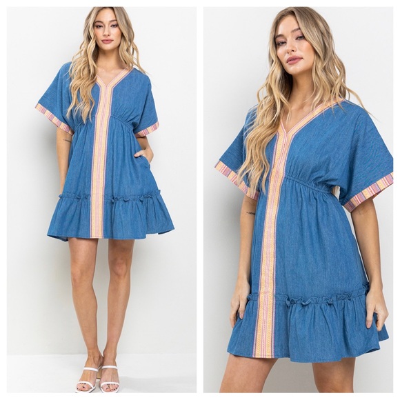 20 Boho Contrast Denim Shirring Detailed Tiered Dress - Picture 4 of 5